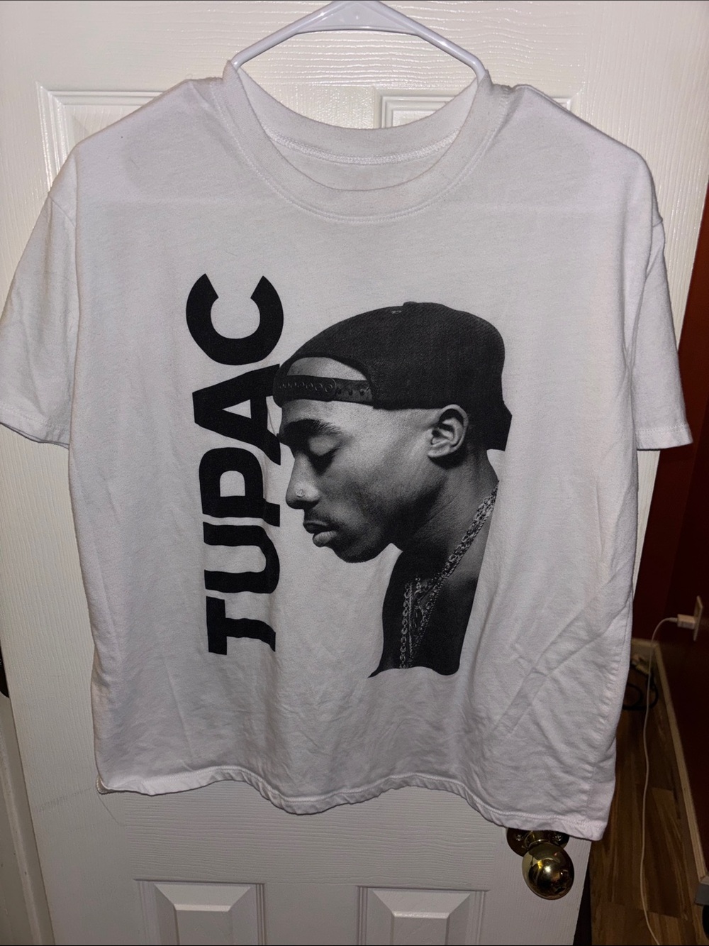 White Short-Sleeve Graphic Tee with Black Portrait Print
